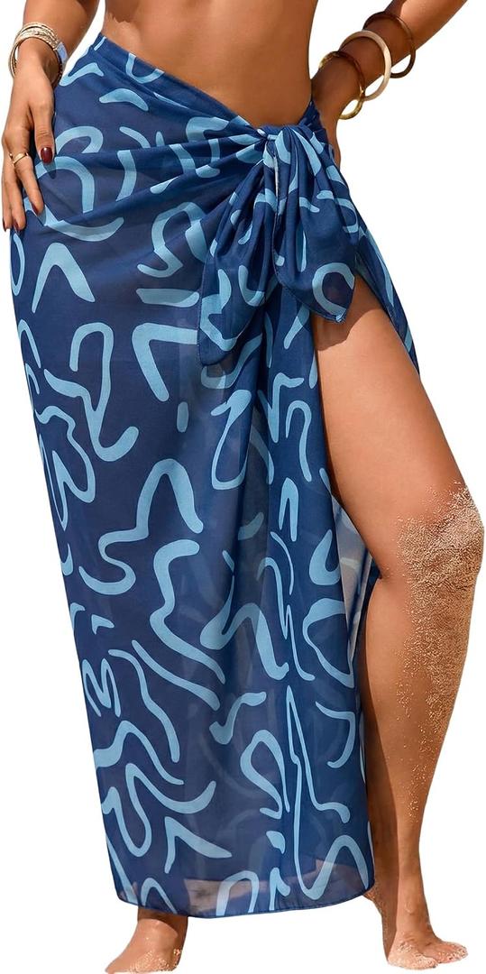Herseas Women Sheer Sarong High Slit One Size Swimsuit Coverups 2026 Summer Floral Print Chiffon Wraps Beach Cover Up (Blue), P