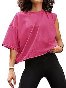 Women's Oversize Workout Cropped Tops Short Sleeve Drop Shoulder Boxy T-Shirts Roll Hem Basic Loose Yoga Running Tees Hot Pink, L