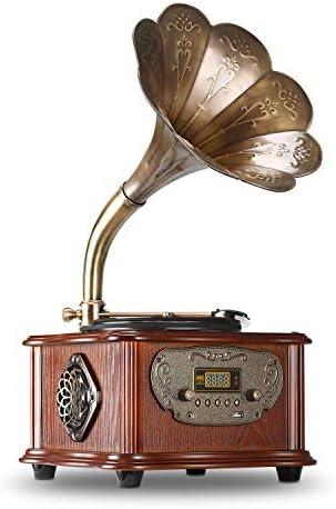 LuguLake Record Player Retro Turntable All in One Vintage Phonograph Nostalgic Gramophone for LP with Copper Horn, Built-in Speaker 3.5mm Aux-in/USB