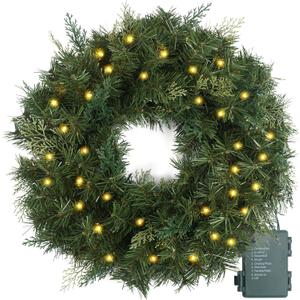 Christmas Wreath Pre-lit 24 inch with 50 Led & Cupressus Tips, Battery Operated Artificial Christmas Wreaths for Front Door with Timer Lights, Wreath for Christmas Decoration Door Windows Wall Green