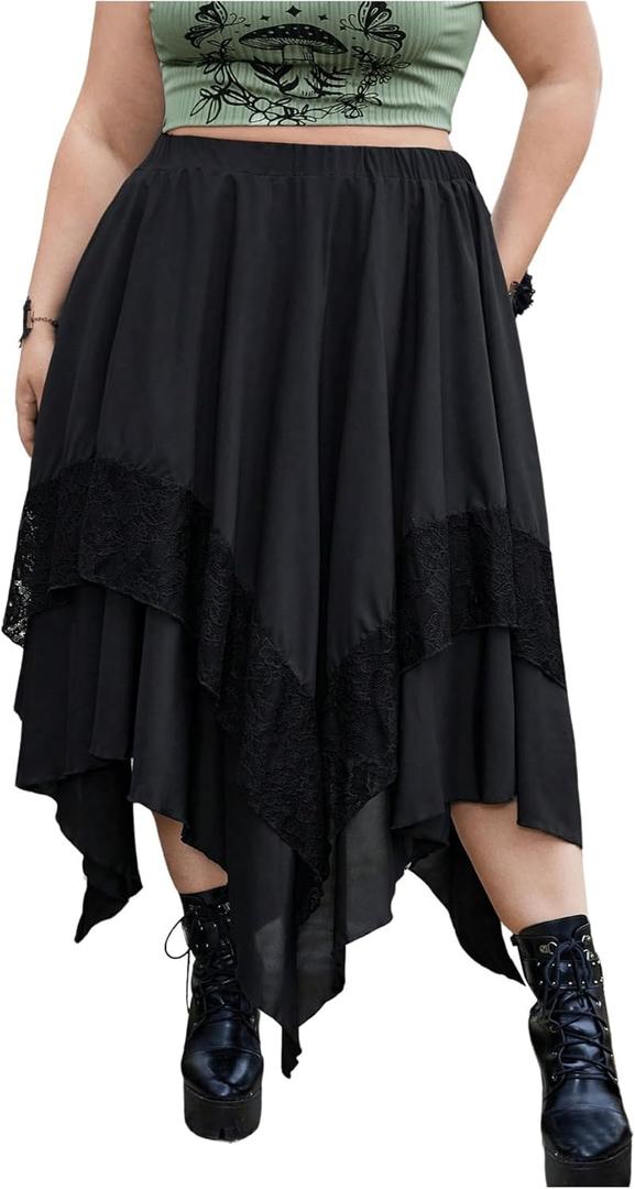 Verdusa Women's Plus Size Goth High Waist Skirts Flowy Lace Layered Long Renaissance Skirt (X-Large Plus, Black)
