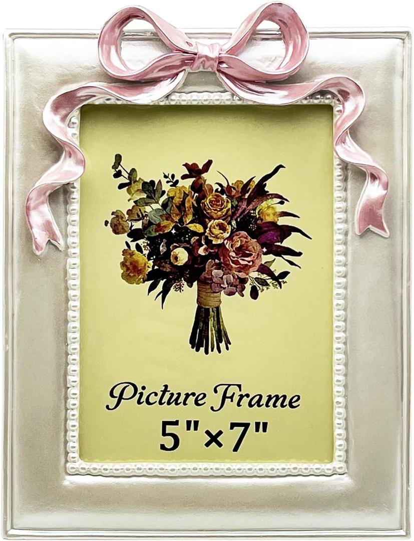 Vintage Picture Frame 5x7 Inch, Ornate Cute Photo Frames with Glass Front, Pink Bow Design, Tabletop & Wall Hanging, Girls Room, Gift Ideas, Pearly White