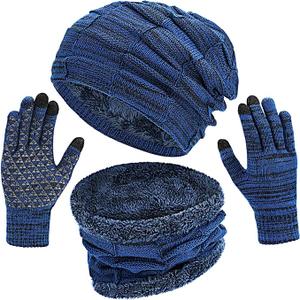 Mens Hat Set Touchscreen Glove Neck Warmer Winter Hats Scarf Gloves Set Slouchy Beanie Knit Fleece Skull Cap (Blue)