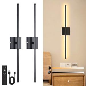Battery Operated Wall Sconce Set of 2, Wall Sconces 3000K-6000K Dimmable Rechargeable Wall Sconce with Remote Control, 350°Rotate LED Wireless Wall Lights for Living Room, Hallway, Bedroom(Black)