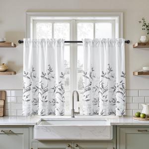 HOMEIDEAS Kitchen Curtains, Short Non-See-Through Privacy 30X36 Inch Length Tier Curtains, Grey and White Leaf Floral Printed Light Filtering Semi Sheer Small Window Drapes for Bathroom Cafe, 2 Panels