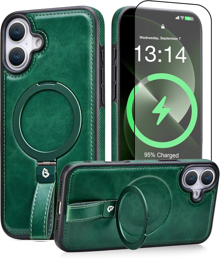 Butaiga for iPhone 17 Leather Case with Stand, Anti-Slip Grip Ring, Fits for MagSafe (Green, iPhone 17)