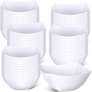 Tanlade 50 Pcs Square Plastic Serving Bowls Disposable Snack Salad Bowl Small Party Candy Bar Containers Taco Bar Serving Dishes for Buffet Chips Fruit(White,8 oz)