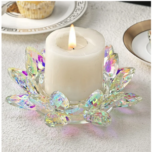 Large Crystal Lotus 7'' Width Candle Holder Tealight Pillar Candle Plate Candlestick, Glass Votive Candle Holder for Christmas Wedding Dinner Table Decor