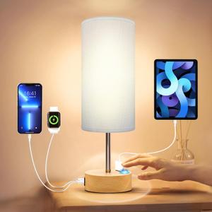 KPQ Bedside Lamp Touch Control Table Lamp with USB A+C Charging Ports & AC Outlet 3-Way Dimmable Nightstand Lamp with Linen Fabric Shade for Bedroom Living Room, Bulb Not Included 