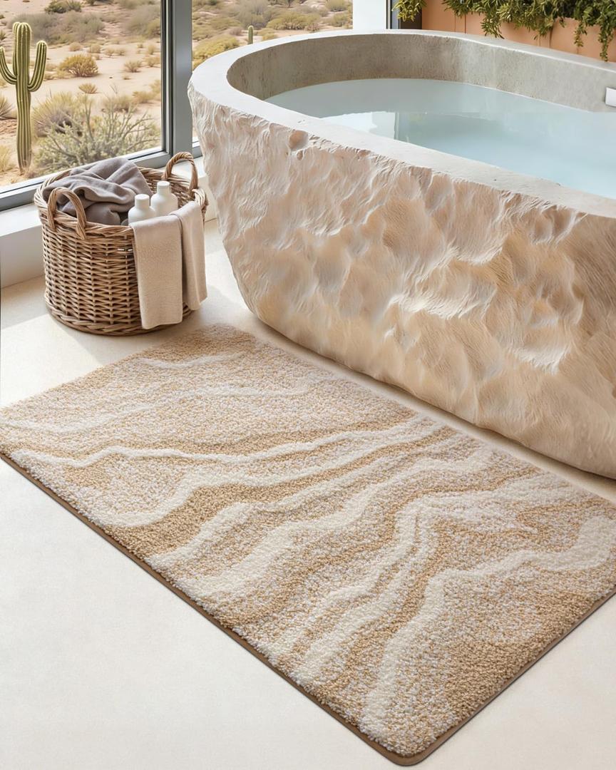 DEXI Bathroom Rug Mat 17x30, Soft and Absorbent Marble Bath Mats for Bathroom, Non Slip Machine Washable Bathmat for Shower Floor, Tub, Sink, Beige