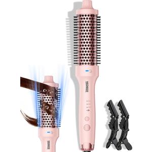 Thermal Brush for Blowout Look, 360 Airflow Heated Round Brush with 2 Negative Ions Release for Less Frizzy, 1.5 Inch Dual Voltage Heated Curling Brush for Travel, Dual PTC Technology, Pink
