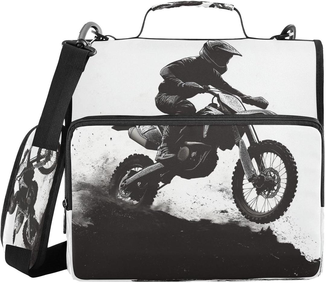 Motocross Rider Zipper Binder for School with Shoulder Strap & Extra Pockets - 1.5 Inch 3-Ring Binder Holds 500+ Sheets, Textbooks, Laptop, 13.6x3.5x12.4in