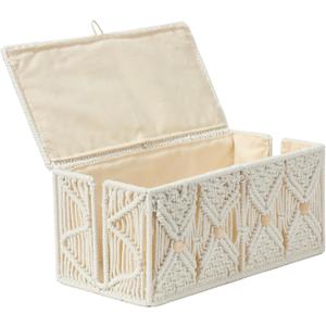 Cable Management Box Handmade Macrame Cord Storage Organizer Power Strips Outlet Router Adapter TV Wire Hider Cover Under Desk Natural Cotton Rope Woven Boxes with Lid (Off White, Large)