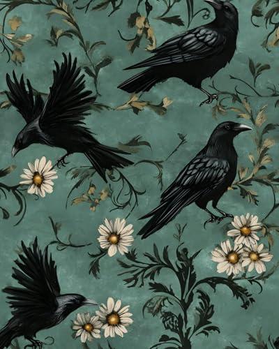 Fvlow Crow Wallpaper Dark Peel and Stick 17.4" x 118" Vintage Contact Paper Gothic Witchy Self Adhesive Removable Covering for Bedroom Bathroom Cabinet Drawer Halloween Raven Wall Decor Grey Green
