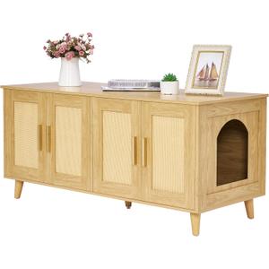 Homhedy Boho Cat Litter Box Enclosure for 2 Cats, Wooden Cat Washroom Furniture with Double Rattan Decorated Doors, Pet House,47.2L x 19.7W x 21.7H, Natural