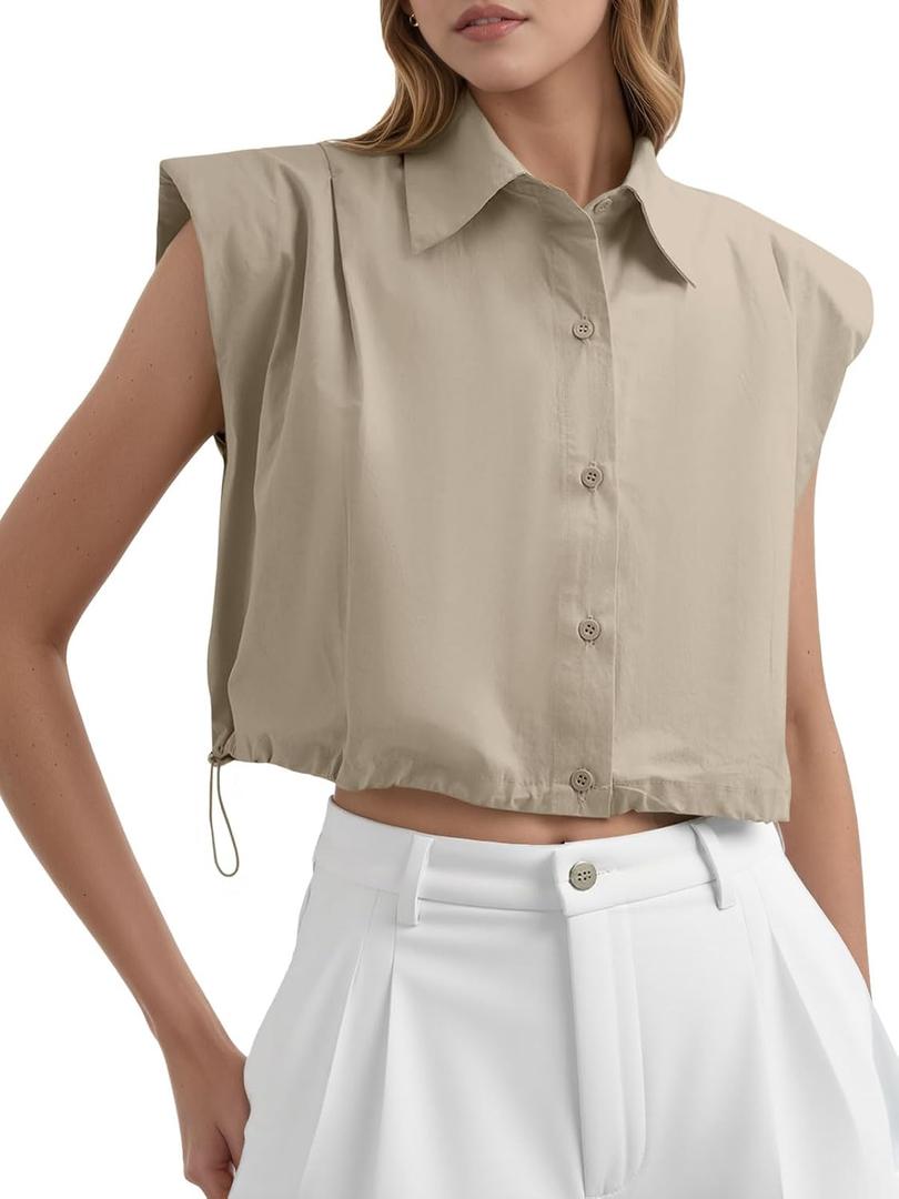 Tankaneo Womens Sleeveless Button Down Shirts Casual Summer Crop Tank Top | 100% Cotton, Loose, V Neck Pad Shoulder Top Medium, Khaki