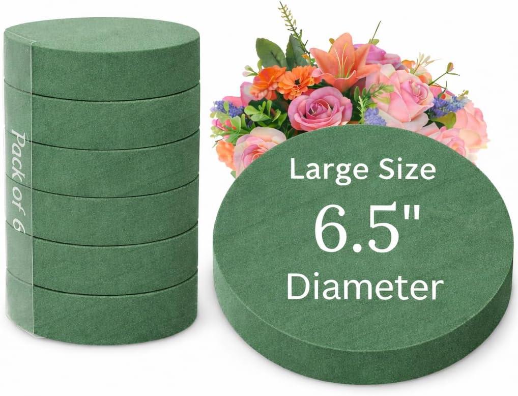 FLOFARE Pack of 6 Floral Foam Round Blocks for Flower Arrangements, Green Florist Flower Foam for Fresh & Artificial Flowers, 6.5" Wedding & Party Dcor
