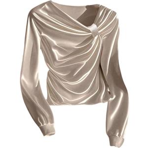 RoseSeek Women's Elegant Satin Tops Ruched Front Long Sleeve Shirts Dressy Blouses Fall Outfits (White, M)