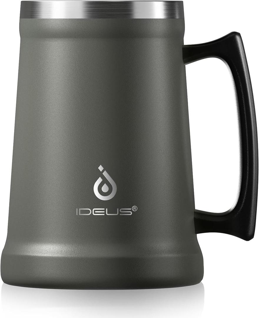 Ideus Insulated Beer Stein, 24/32oz Stainless Steel Double Walled Beer Mug Giant Bar Drinkware Metal Beer Cup with Big Grip Handle (Grey, 24oz (710ml)) (Gray)