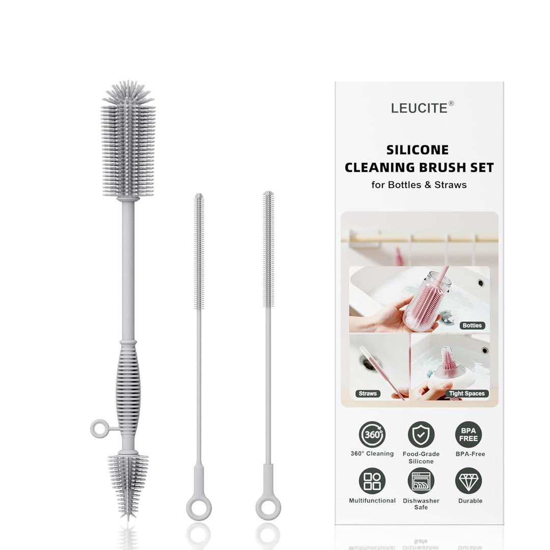 Silicone Cleaning Brush Kit,Water Bottle and Straw Cleaner Brush Set for Tumbler,Baby Bottle,Breast Pump Part,Nipple,Sippy Cup,Glass,Dishwasher Safe,BPA Free,3 Pcs (Gray)