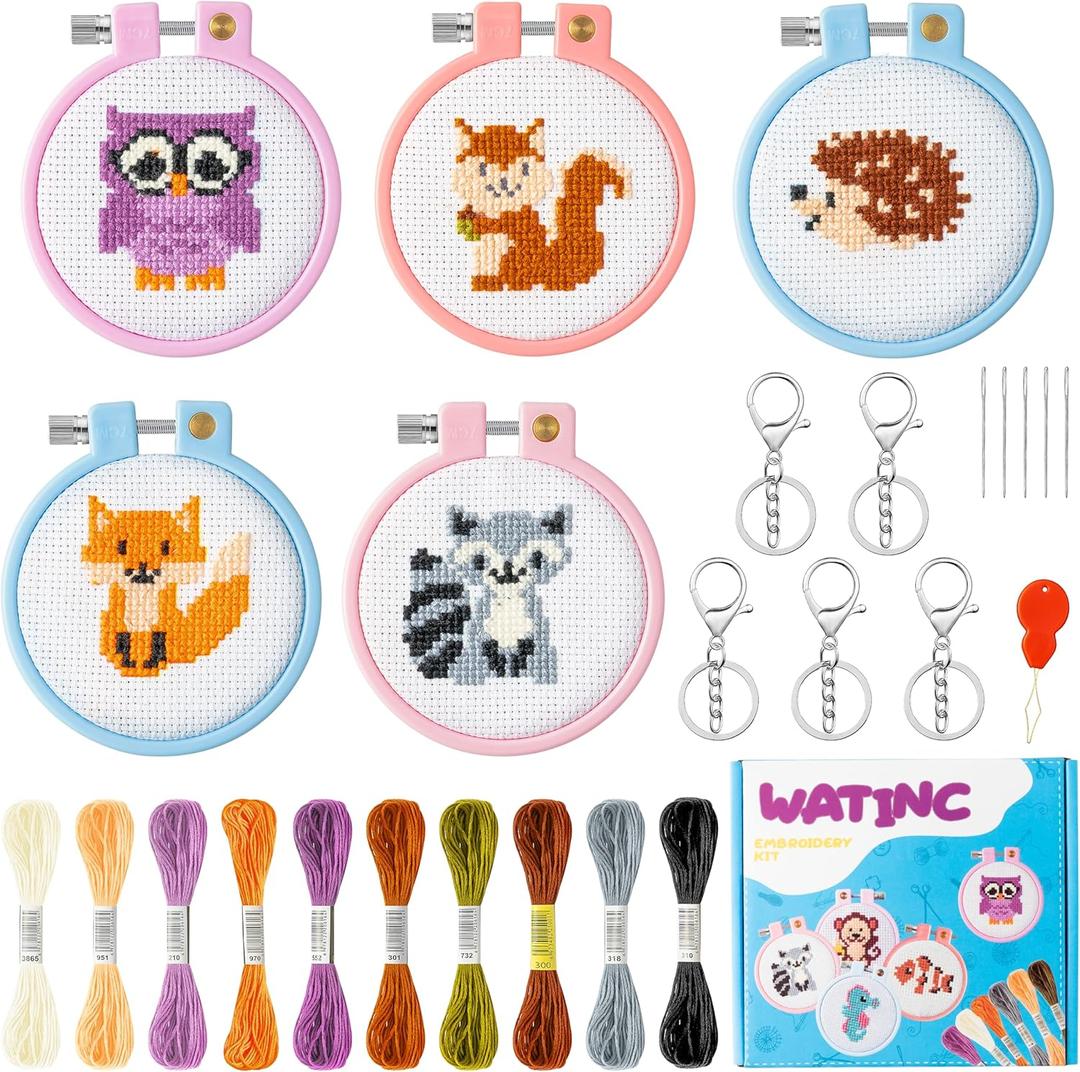 WATINC 5Pcs Embroidery Kit for Kids Stamped Cross Stitch DIY Key Chain with Woodland Animal Patterns Needlepoint Starter Kits Craft Supplies for Beginners Adults Schoolbag