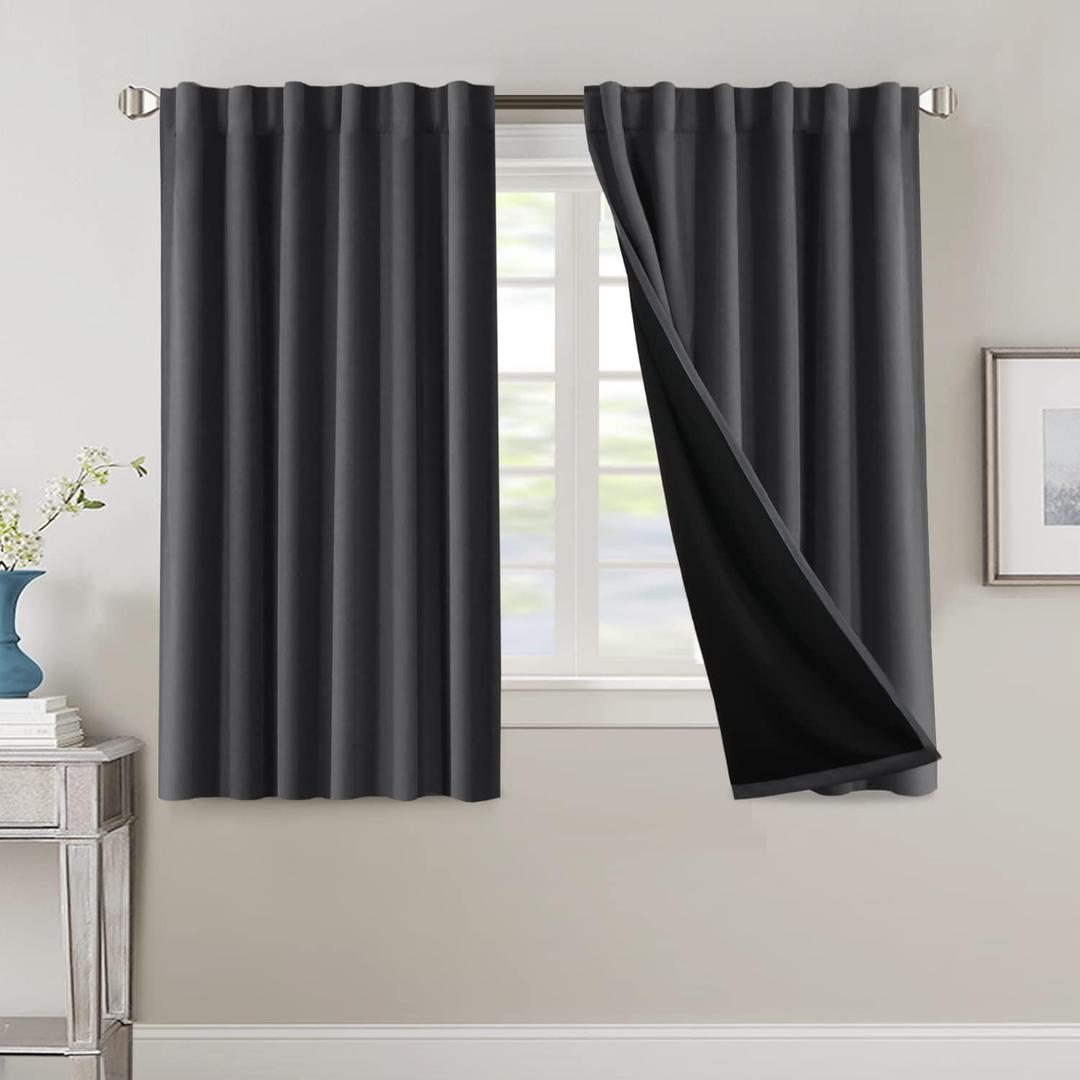 H.VERSAILTEX 100% Blackout Curtains for Bedroom with Black Liner Full Room Darkening Curtains 54 Inch Long Thermal Insulated Back Tab/Rod Pocket Window Drapes for Living Room, 2 Panels, Charcoal Grey