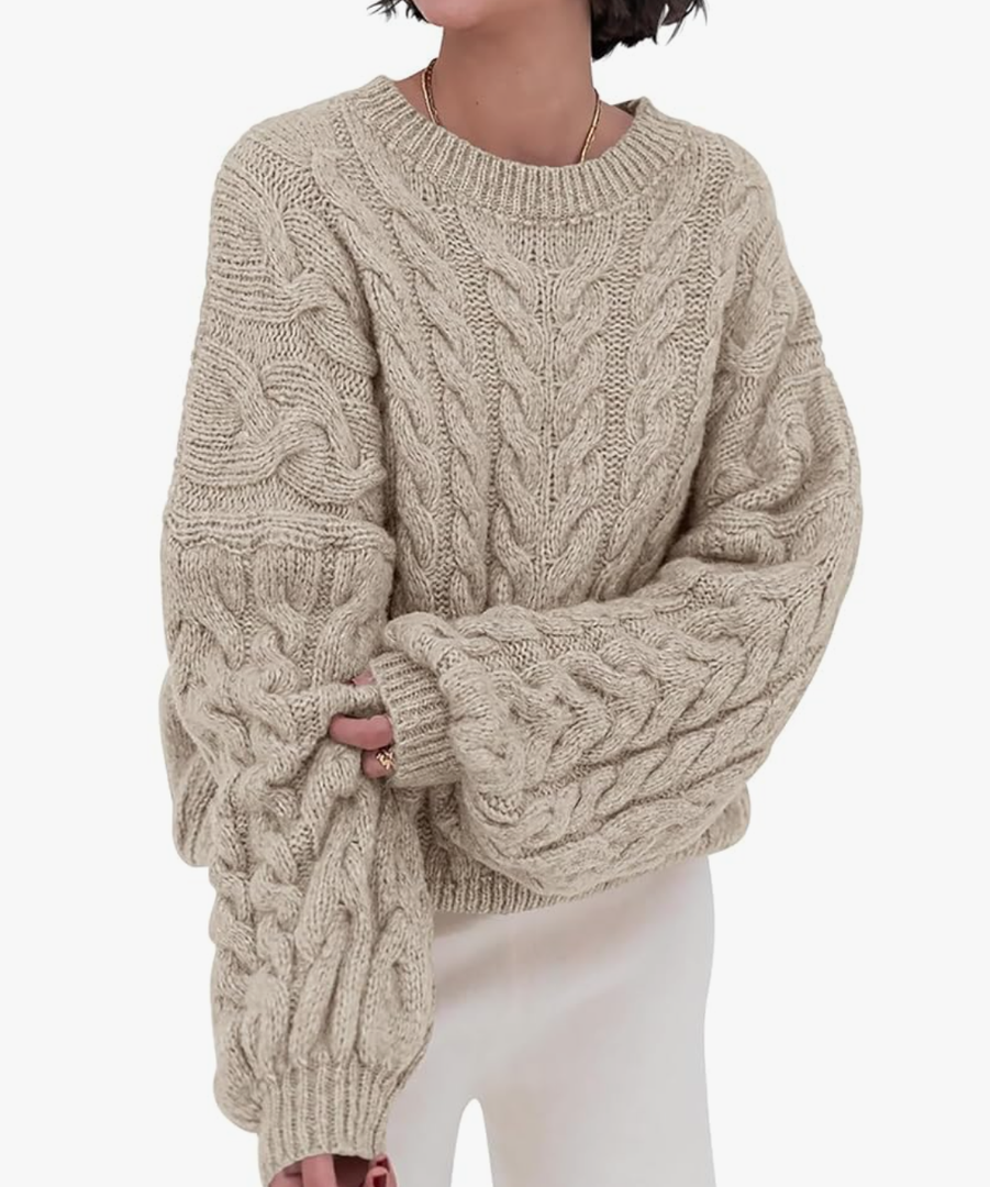 PRETTYGARDEN Womens Sweaters Spring 2025 Cable Knit Long Sleeve Crewneck Oversized Sweater Chunky Pullover Loose Outfits, Size M