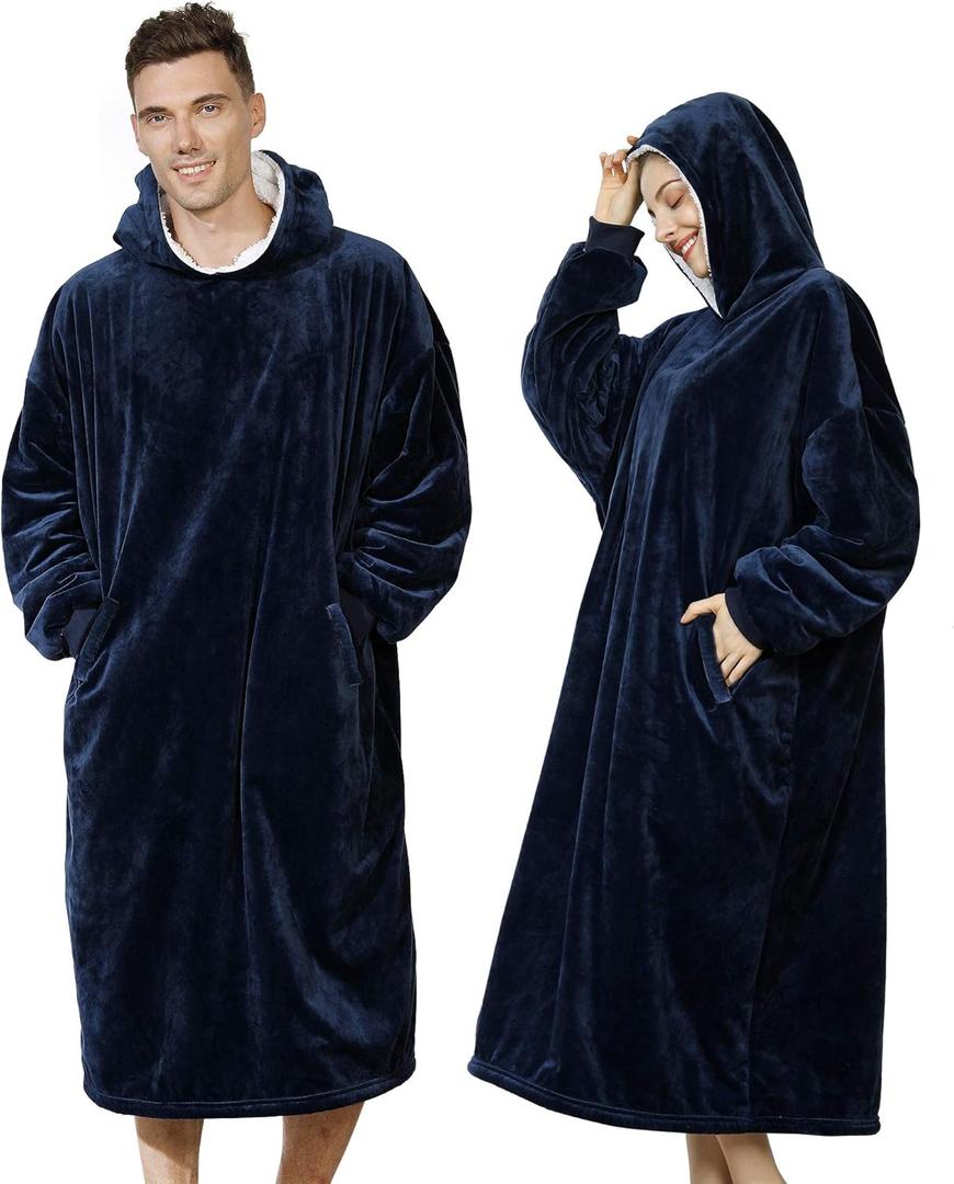 AmyHomie Wearable Blanket Hoodie for Adults & Teens, Oversized Sherpa Hooded Blanket, Warm Cozy Blanket Sweatshirt as Christmas Birthday Gifts for Women Men (Blue)