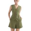 SUUKSESS Women's Summer 2 Piece Sets Button Down V Neck Vest Pockets Shorts Sets(Army Green, S)