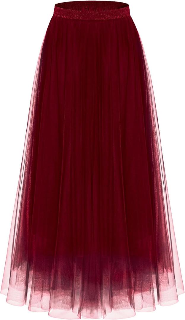 Kingfancy Women's Winter Skirts 2 Layered Tulle Tiered Long Skirts Elastic Waist A-Line Midi Skirts (Medium, Burgundy)