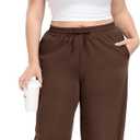 Lastshe Women's Plus Size Pants Elastic Waist Casual Wide Leg Knit Pajama Drawstring Pull On Lounge Straight Trousers (Brown, XXL)