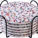 Coasters with Holder Set of 6, Absorbent Marble Drink Decorative Coasters for Coffee Cup Beverage Wine Beer Bar Housewarming