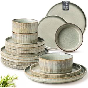 GBHOME Stoneware Dinnerware Sets for 6,Round Reactive Glaze Ceramic Plates and Bowls Set,Highly Scratch Resistant | Dishwasher & Microwave Safe Dishes Set,Service for 6(18Pcs) (Desret Sage)