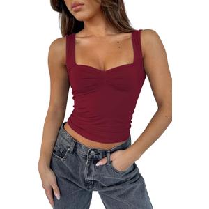 Women's Sleeveless Backless Crop Tank Top Sexy Pleated Bustier Sweetheart Neck Strappy Y2K Cami Cropped Tops (Burgundy, Small)