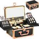Makeup Case with Lighted Mirror, Makeup Box Organizer with Detachable LED Mirror, Travel Makeup Train Case, Waterproof Cosmetic Organizer, Standing Makeup Brush Holder, Gift, Black Gold