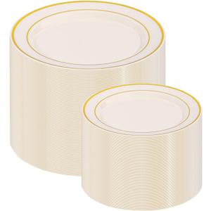 I00000 200 Pcs Gold and Ivory Plastic Plates, Ivory Disposable Party Plates Include 100 Dinner Plate 10 and 100 Plastic Dessert Plate 7 Perfect for Birthday, Party & Wedding