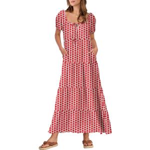 ANRABESS Women's Boho Maxi Dresses 2025 Summer Casual Floral Puff Short Sleeve Tie Front Flowy Swing Tiered Long Beach Dress (Red, M)