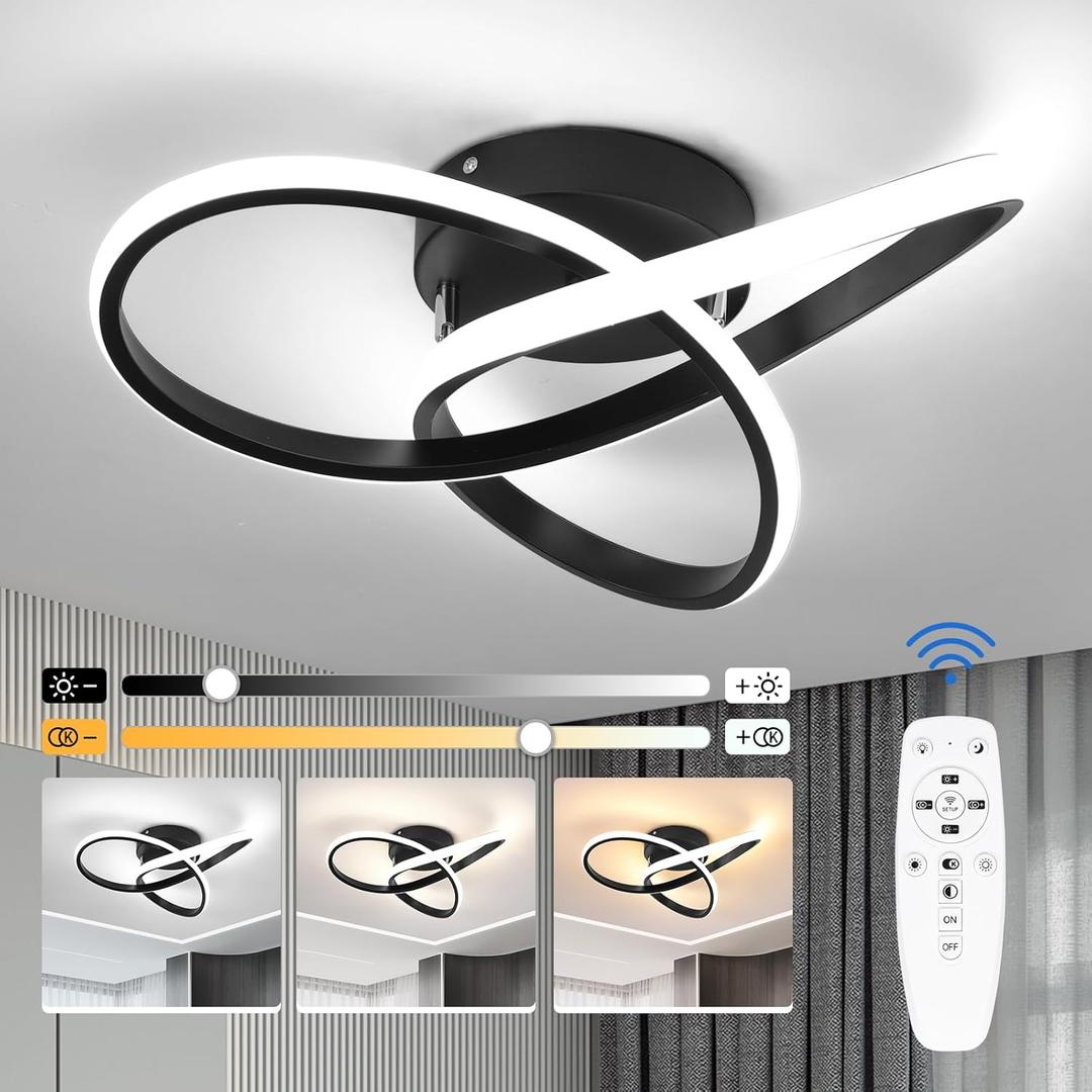 CANEOE Modern LED Ceiling Light Fixture,42W Dimmable Flush Mount Ceiling Light with Remote Black Close to Ceiling Light,3-Color Ceiling Lamp for Bedroom Living Room Kitchen Dining Room Office
