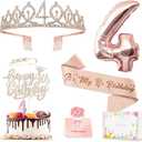 4th Birthday Decorations Girl, Including 4 year old Birthday Cake Topper, Queen Sash with Pearl Pin, Sweet Rhinestone Tiara Crown, Number Candles and Balloons Set, Rose Gold