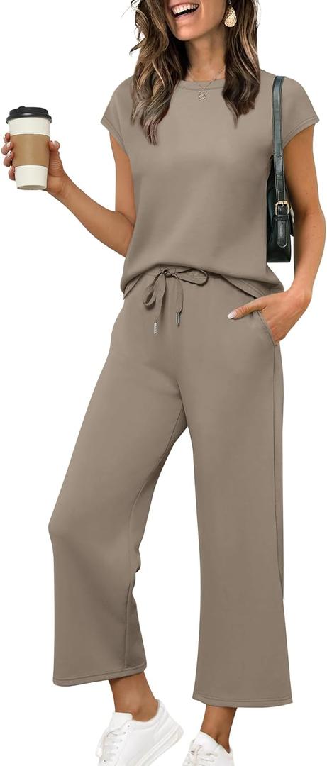Sampeel Two Piece Sets for Women Summer Vacation Outfits Cap Sleeve Tops Lounge Matching Sets Clothing Beach Fashion Clothes (Medium, Coffee)