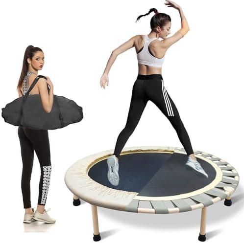JUSTJUMP 40" Rebounder Trampoline for Adults Indoor Outdoor, Fitness Foldable Trampoline with Bag, Mini Trampoline for Adults, Max Load 275lbs, Workout Exercise Trampoline with Carry Bag, Beige