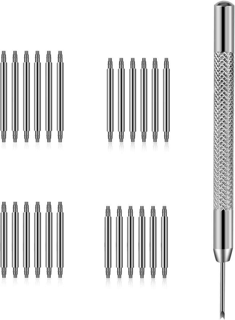 KALIONE 25 Packs Watch Band Pins Replacement Kit, 1.3mm Diameter Heavy Duty Watch Pin with Spring Bar Removal Tool, 4 Sizes 18/20/22/24mm Stainless Steel Watches Bands Pins Kit for Watches Band Repair