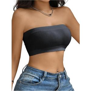WDIRARA Women's Ribbed Tube Tops Bandeau Bra Wireless Bralette Strapless Tube Top (M)