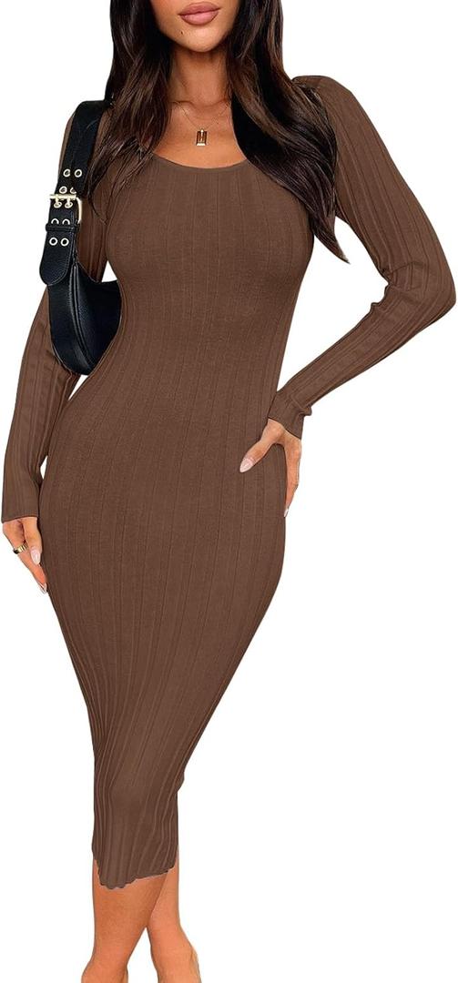 Women's Sexy Bodycon Long Sleeve Midi Dress Scoop Neck Ribbed Knit Cocktail Party Club Dresses (Coffee) S