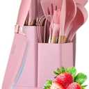 Cooking Utensils Set, Caliamary 19 PCS Silicone Kitchen Utensils Set with Holder and Kitchen Knife Set for Cooking, Non-stick Heat Resistan Kitchen Tools and Gadgets with Wooden Handle (Pink-19)