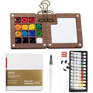 Mini Watercolor Paint Set Pocket Artist Watercolor Travel Set with Mini Paint Palette,Brushes, 12 Colors, Watercolor Sketchbook for Artists Painters Students(Wood) (15 Grids)