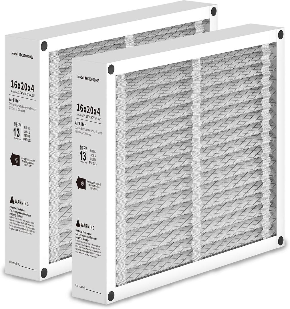 2 Pack 16x20x4 Air Filter Replacement Compatible with Honeywell FC100A1003 Pleated HVAC, MERV 13 Furnace Filter, Foldable Design (Actual Size: 15.94 x 19.75 x 4.38 Inches)