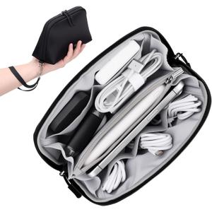 FYY Travel Cable Organizer - 8 Compartments Lightweight Water Resistant Tech Pouch with Wrist Strap, Portable Electronic Accessories Case for Cord Charger Storage for Travel Home Office, Black (Small)