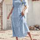 BTFBM Women Casual Summer Dresses 2026 Spring Crew Neck Ruffle Short Sleeve Smocked Floral Boho Flowy Maxi Dress Clothes (Blue, M)