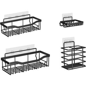 Non-Perforated Bathroom Storage Rack Shelf Set, Wrought Iron Wall-Mounted Shelf, Washing and Storage (Square 6-hook Black 4-piece Set)